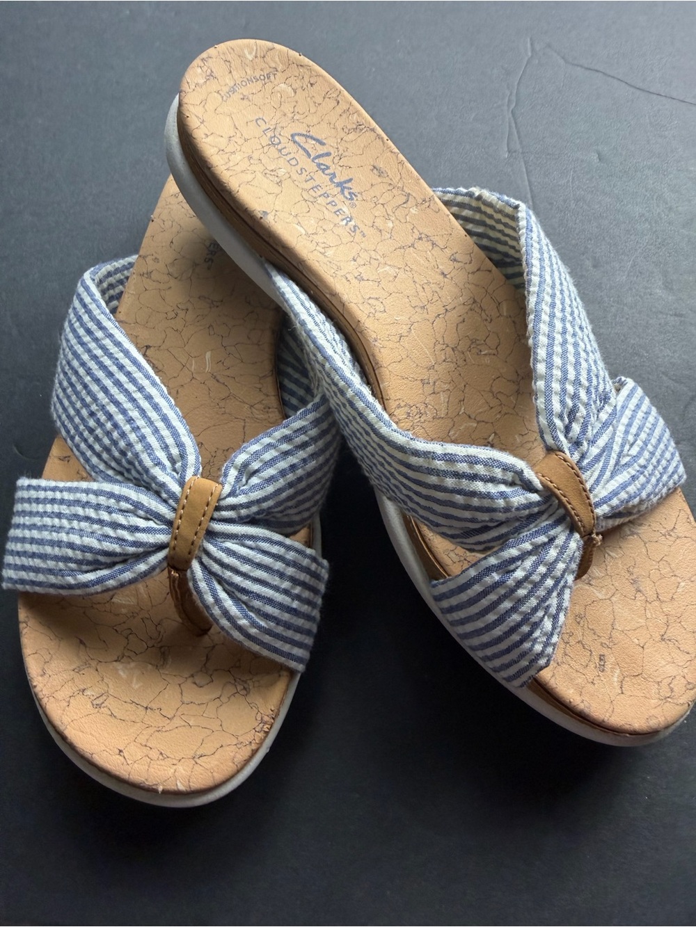 Clarks Women's Blue and Tan Knotted Stripe Slide Sandals